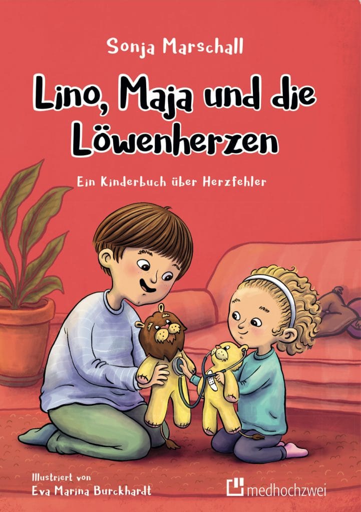 Cover des Buches: Lino, Maja und die Löwenherzen. Die Illustration zeigt zwei Geschwister, ein Junge und ein Mädchen, die mit ihren beiden Kuscheltier Löwen das Abhören des Herzens nachmachen.